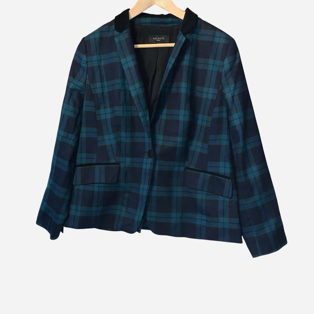 Talbots Blazer Jacket Women's 14 P Plaid Velvet Trim One Button Lined